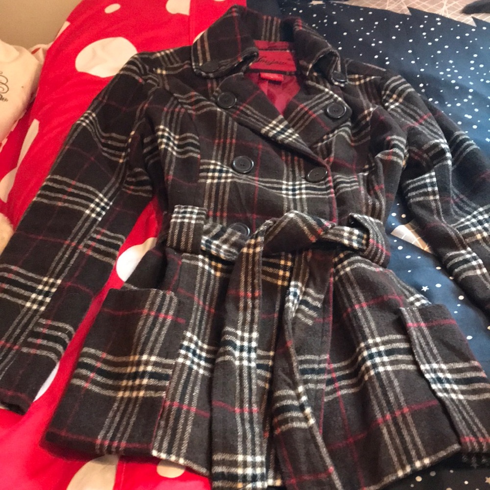 Brown cream and burgundy plaid belted pea coat size medium
